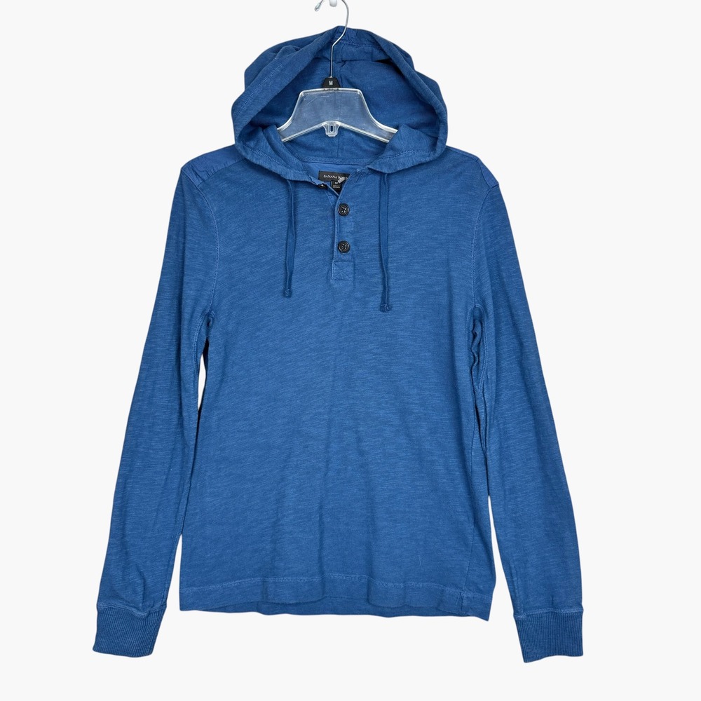 Banana Republic Henley Hoodie Mens Size M Blue Slub Cotton Long Sleeve Pullover